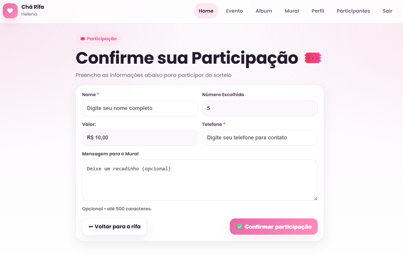 Tela formulário do Chá Rifa